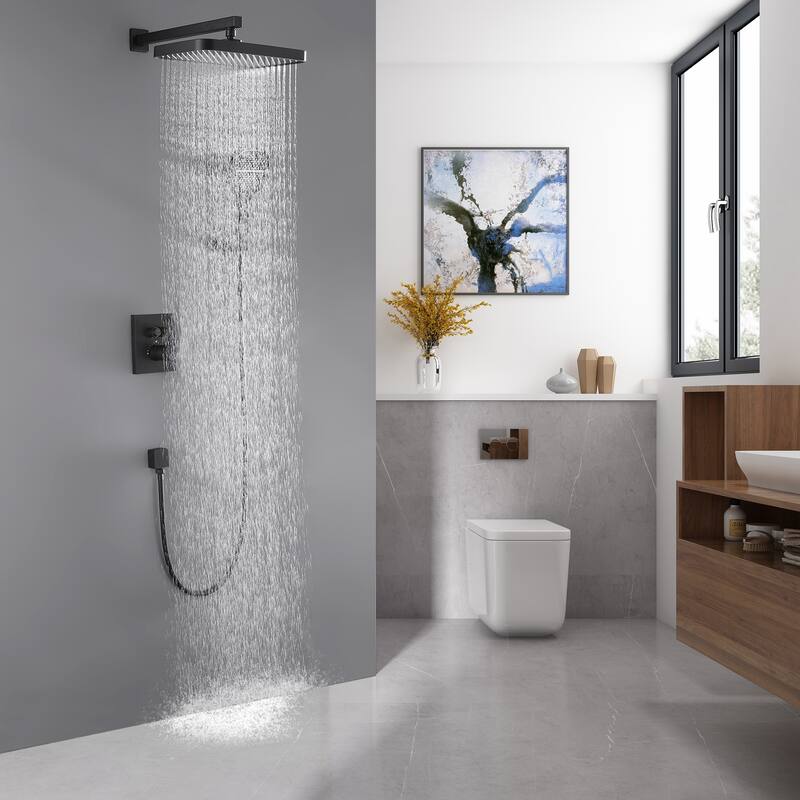 Modland 4-Way Square Thermostatic Rainfall Shower System with Rough-in Valve, Black/Gold - Matte Black