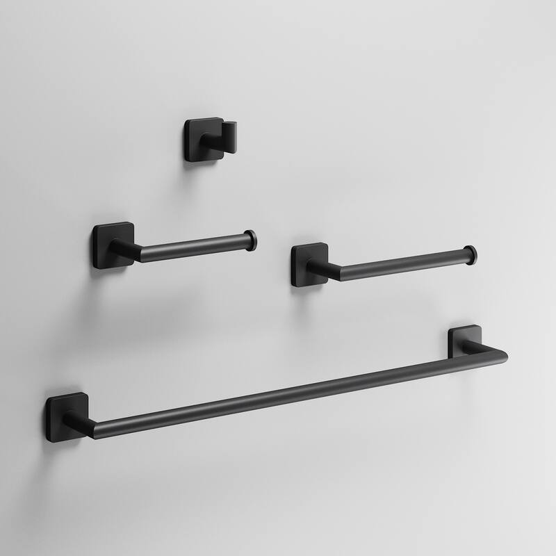 VIGO Satro 4-Piece Bathroom Hardware Accessory Set with 24 in. Towel Bar, Toilet Paper Holder, Hand Towel Holder, Hook - Matte Black