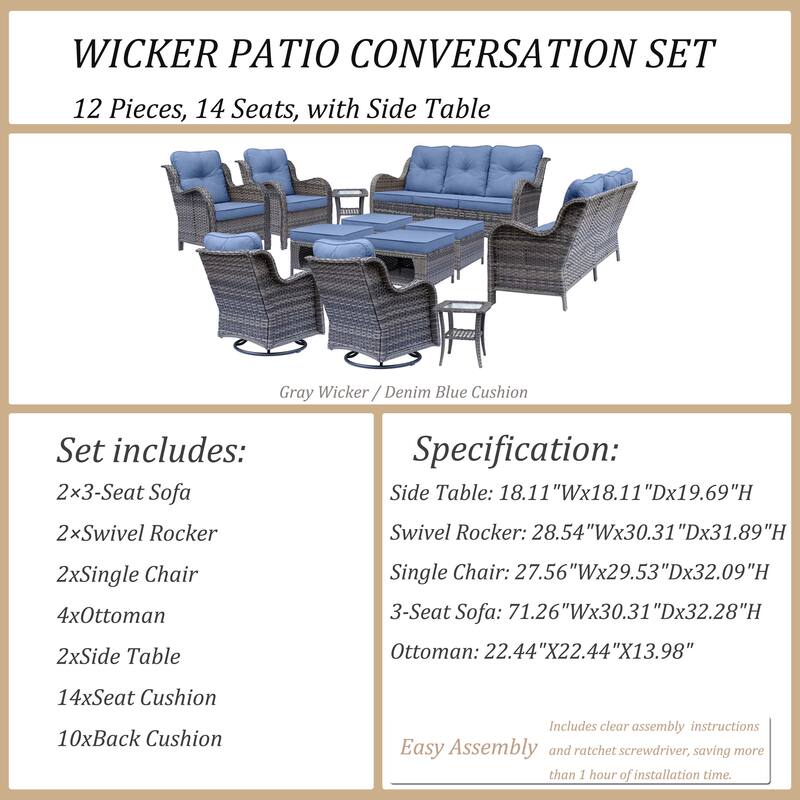 12 Piece Outdoor Wicker Patio Conversation Swivel Chairs Furniture Set