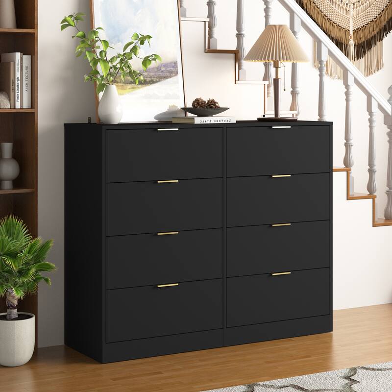8 Drawers Dresser for Bedroom, Wood Bedroom Dresser Modern Drawer Chest, 8 Chest of Drawer, Tall Dresser for Closet - Black