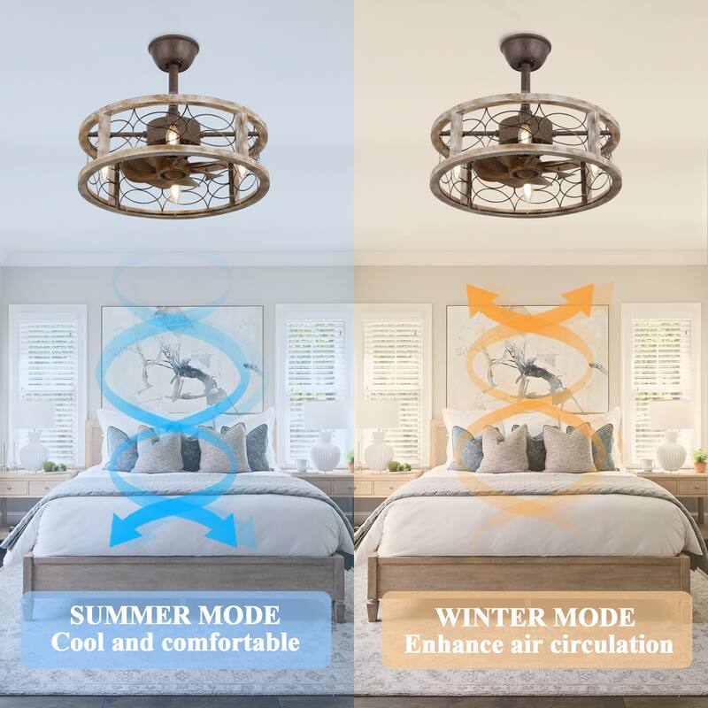 Cusp Barn 18'' Farmhouse Flush Mount Wood Ceiling Fan with Light, Rustic Bladeless Caged Ceiling Light, Antique Fandelier