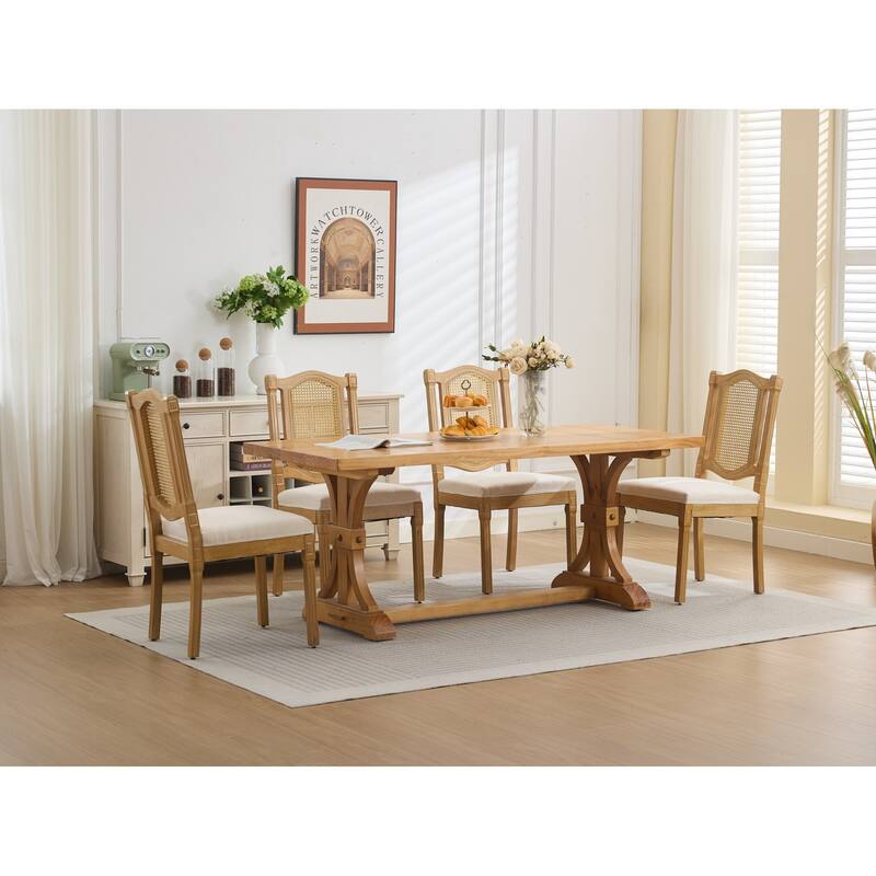 Roomfitters French Country Dining Chairs Set of 2 with Rattan Back and Upholstered Seat, Farmhouse Wood Side Chairs