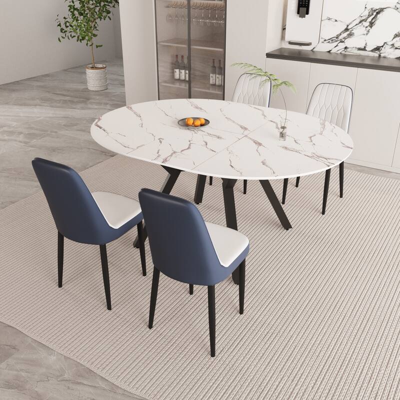 Modern Dining Table Set, Extendable Round Dining Table with 4 PU-Padded Dining Chairs, for Dining Rooms and Kitchens