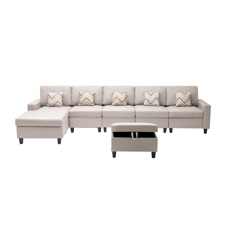 Linen Fabric 6 Piece Reversible Sectional Sofa Chaise with Interchangeable Legs, 5 Pillows and Storage Ottoman in Beige