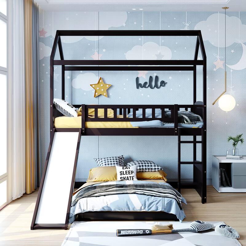Merax House Bunk Bed with Slide, Twin Over Twin Bunk Bed with Slide