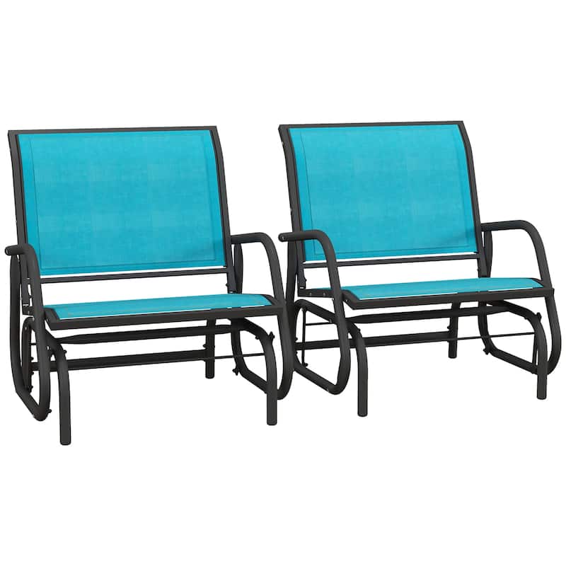 Porch Glider Set of 2,Metal Frame Swing Glider Chairs with Breathable Mesh Fabric,Curved Armrests and Steel Frame for Garden - Blue