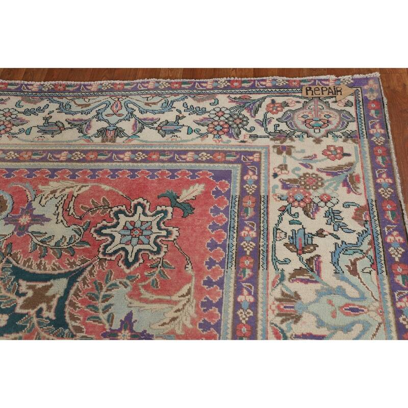 Distressed Tabriz Vintage Area Rug Handmade Wool Carpet - 9'8" x 12'8"