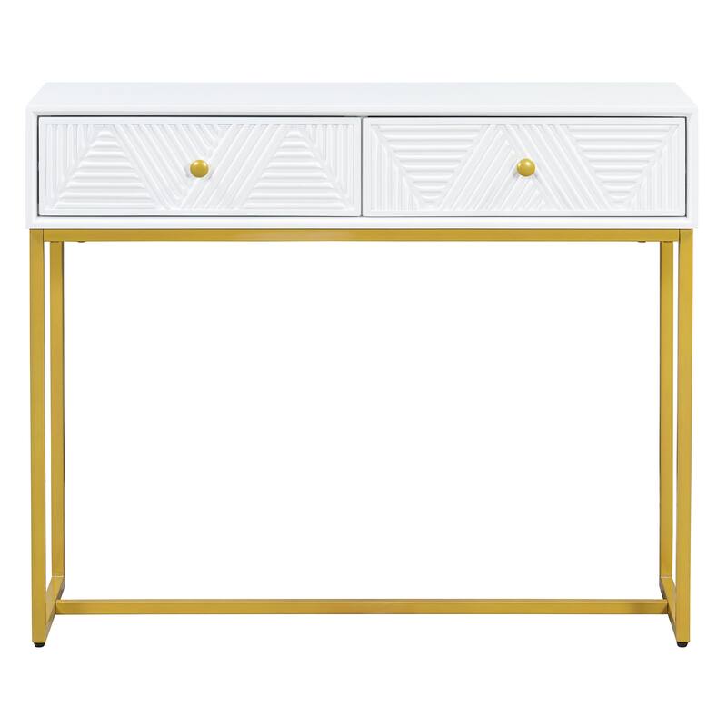 38" Modern Console Table with Two Drawers and Gold Metal Base for Entryway, Living Room
