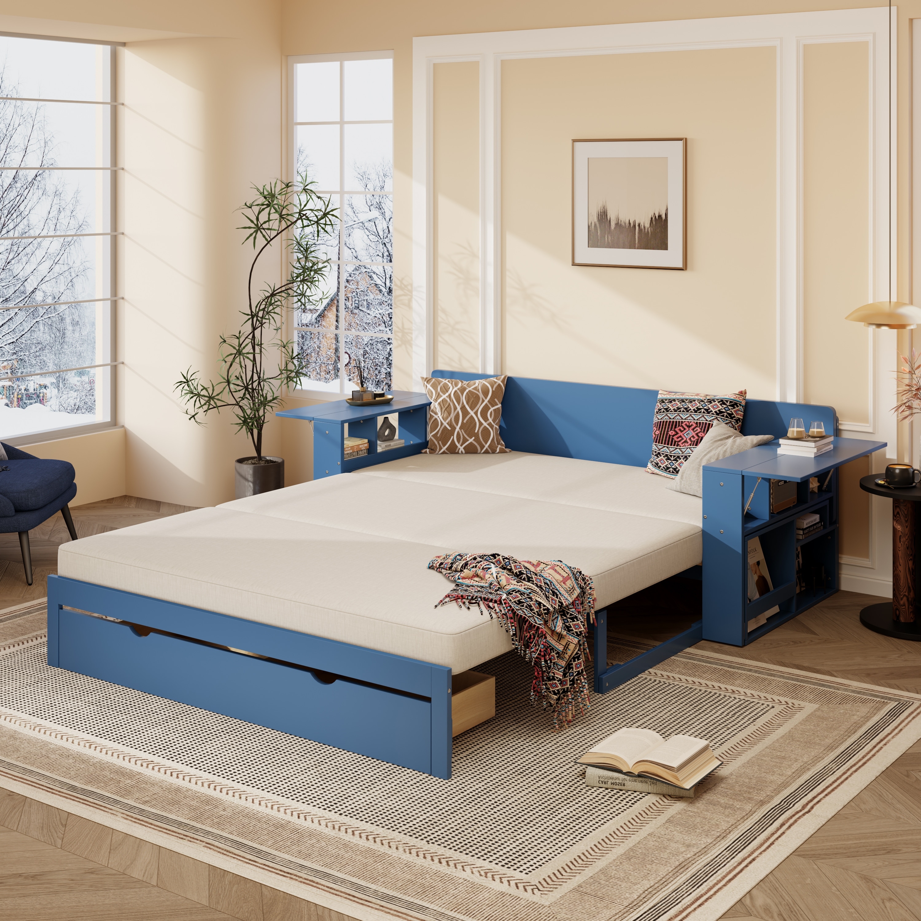 Queen Size Blue Daybed with Removable Desk & Storage Drawers