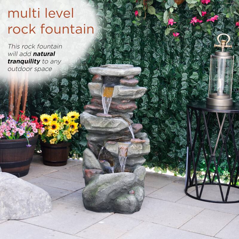 31" Rock Fountain w/ LED, Outdoor Cascading Feature, Gray