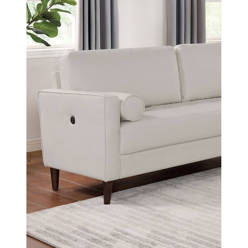 Contemporary Style Off-White 1Pc Sofa Leatherette Upholstered W Usb Bench Style Seating Bolster Pillows