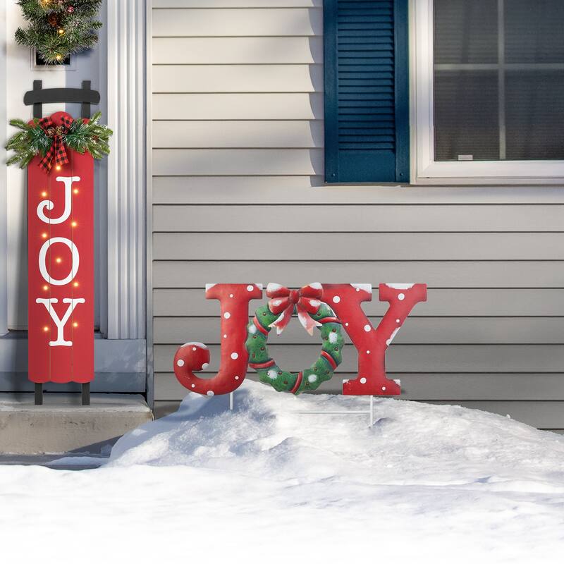 Glitzhome Metal Christmas Snowman Family Nutcracker JOY Yard Stakes Wall Decor