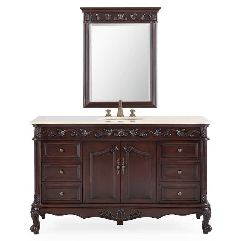 56 inch Traditional Style Cherry Brown Bathroom Sink Vanity With Cream Top