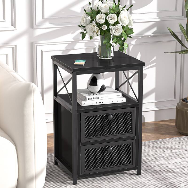 Javlergo Nightstand with 2 Drawers and Storage Shelf for Bedroom, Small Night Stands, Bed Side Table - Black