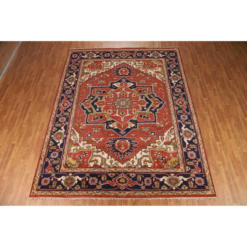 Orange Geometric Heriz Serapi Indian Area Rug Handmade Wool Carpet - 9'2" x 11'10"