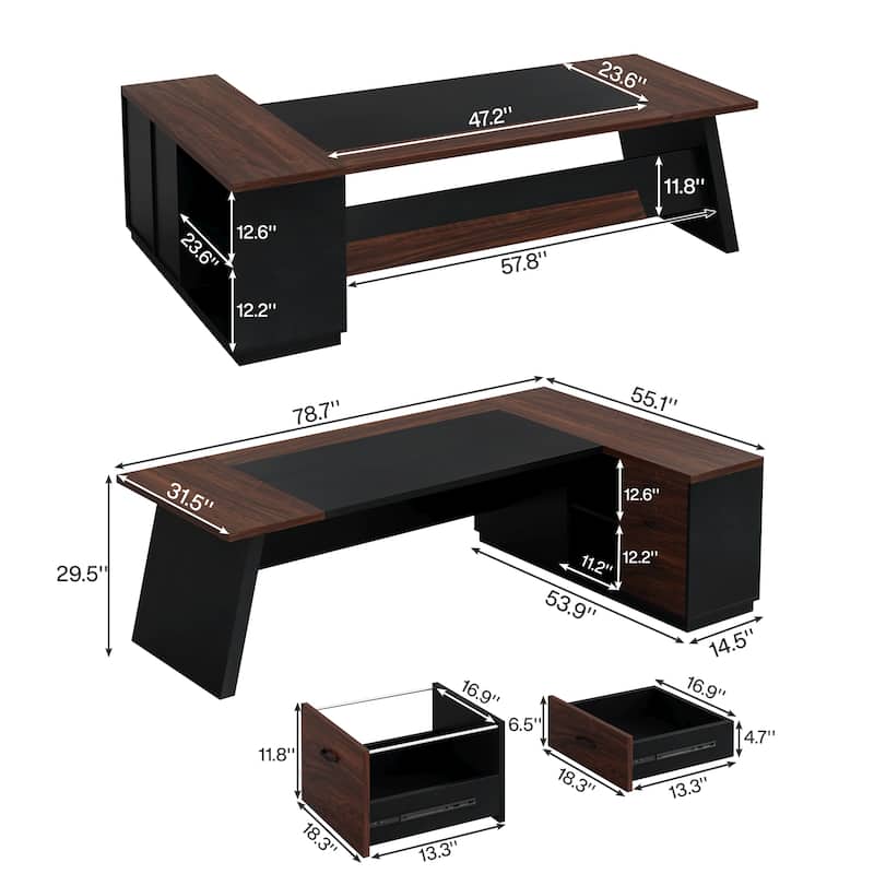 78.7-inch L Shaped Executive Desk with Drawers and Lateral File Cabinet