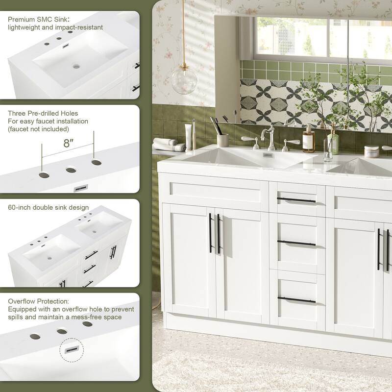 59" Double Sink Bathroom Vanity with SMC Top, Solid Wood Frame & Soft Close Doors, Gray Storage Cabinet