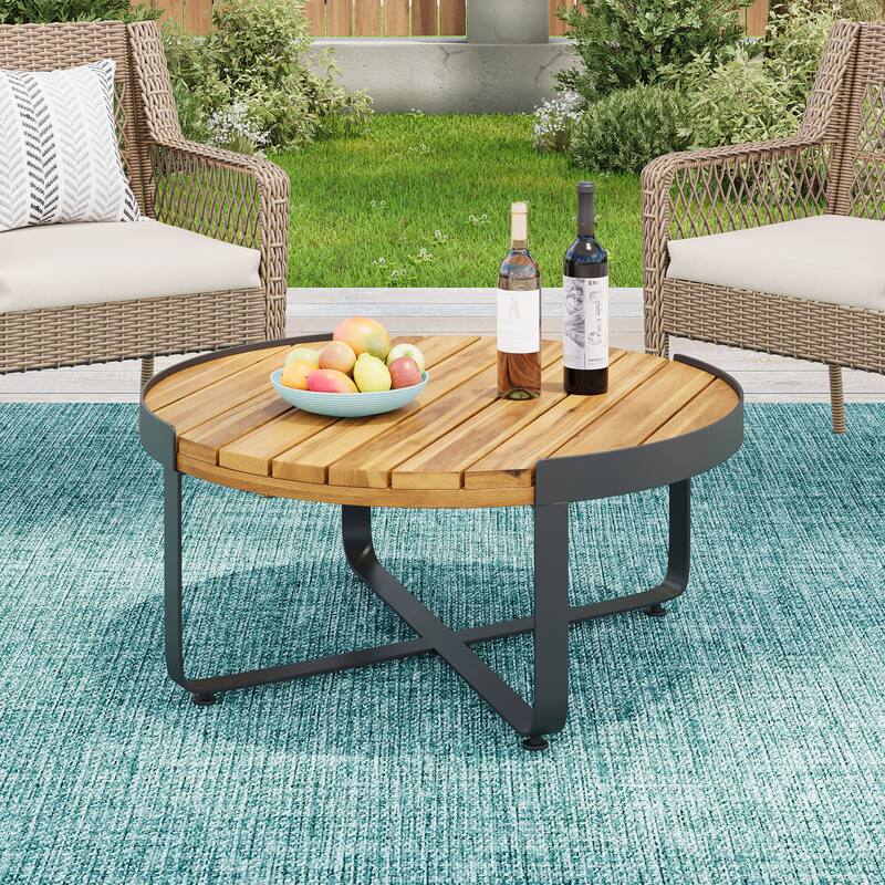 Roomfitters Modern Round Coffee Table with Teak-Style Wood Surface and Sleek Metal Base, Teak