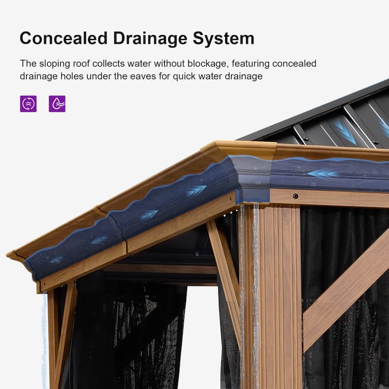 PURPLE LEAF Hardtop Gazebo Galvanized Steel Roof Gazebo Pergola w Wooden Coated Alumninum Frame and Mosquito Net