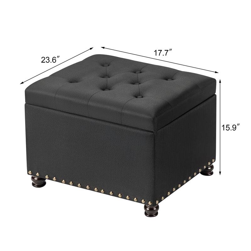 Adeco Storage Ottoman Tufted Linen Wood Bench with Nails