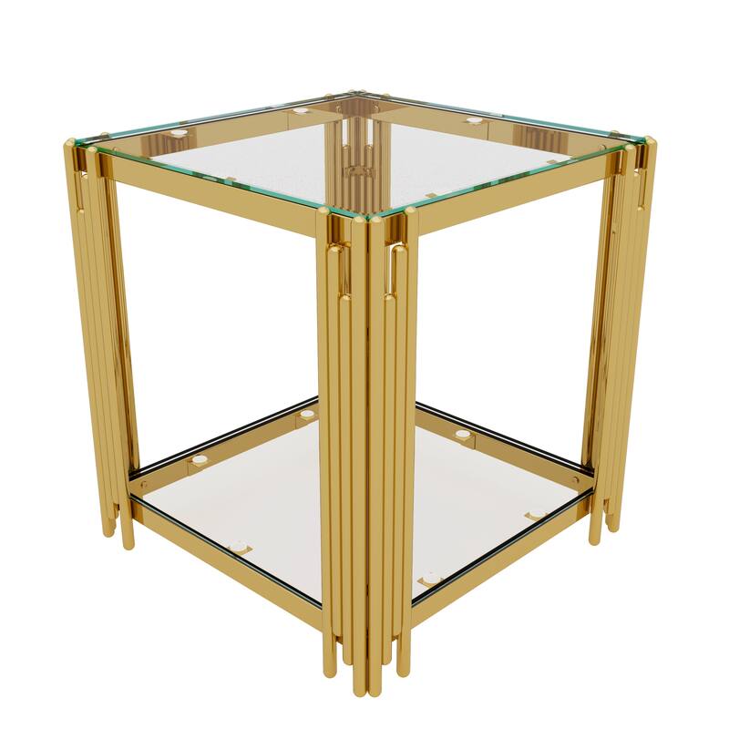 Glass Coffee Table Set of 3, Includes 1 Coffee Table & 2 End Tables, Luxury Living Room Table Set with Glass Top and Lower Shelf