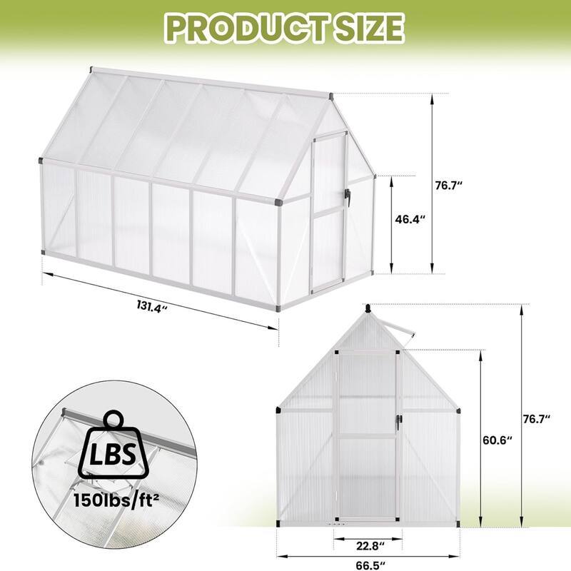 6x11FT Aluminum-Framed Polycarbonate Greenhouse Kit, Sliver - 6*11FT