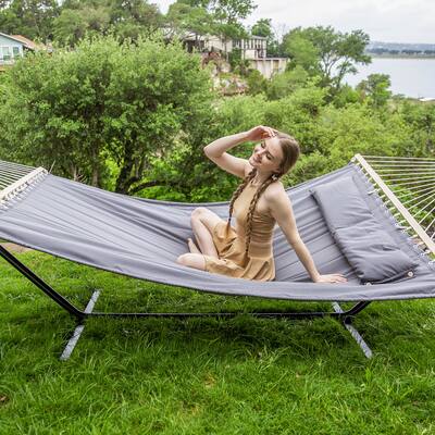Outdoor Portable Double Hammock with Stand&Pillow Max 475 lbs Capacity