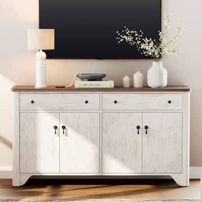 WAMPAT 59" Farmhouse TV Stand for 65 inch TV, Wood Entertainment Center with 2 Drawers and Storage Cabinets, Adjustable Shelves