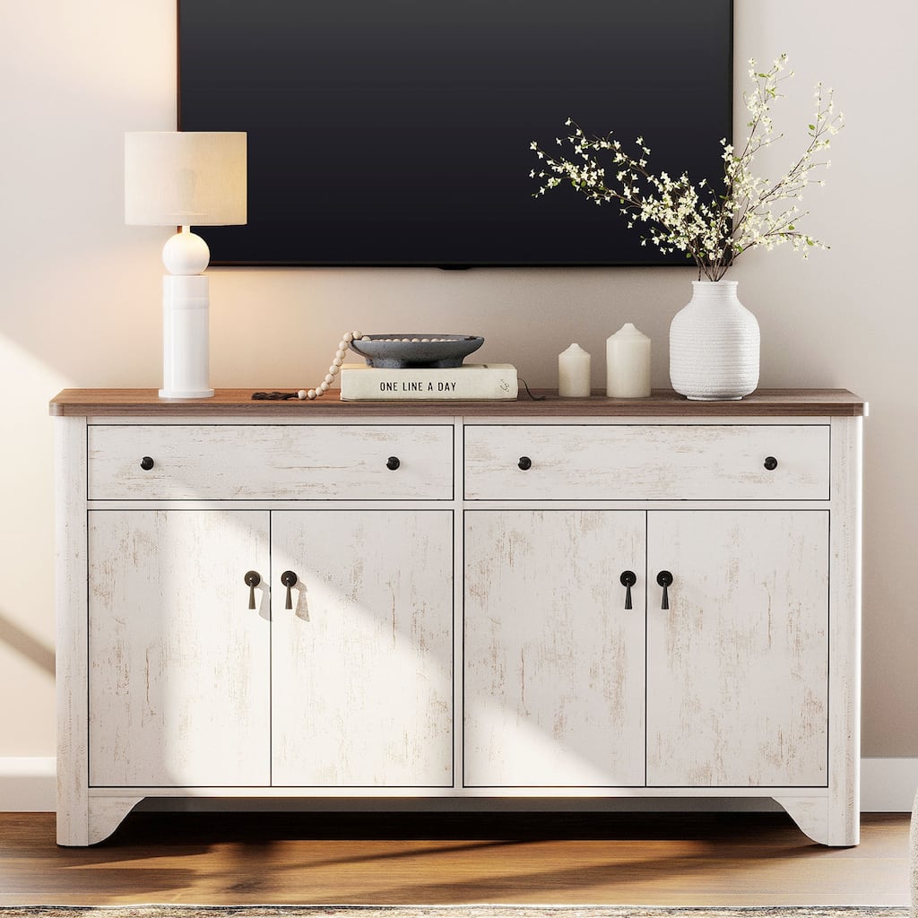 WAMPAT 59" Farmhouse TV Stand for 65 inch TV, Wood Entertainment Center with 2 Drawers and Storage Cabinets, Adjustable Shelves