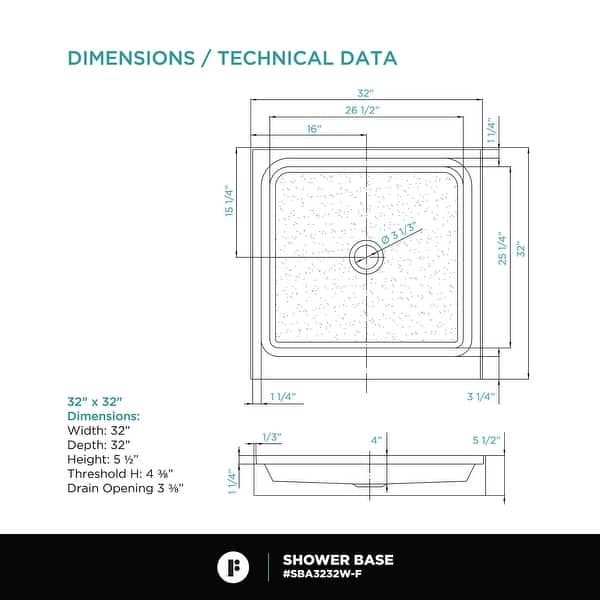 dimension image slide 8 of 9, Fine Fixtures Single Threshold Acrylic Shower Base - Non-Slip Textured Surface Shower Floor Pan