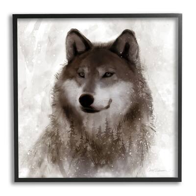 Stupell Woodland Wild Wolf Portrait Abstract Fir Tree Forest Framed Wall Art - Off-White