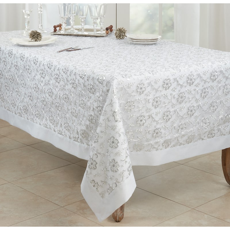 Embroidered Tablecloth With Floral Design - 65"x104" - White