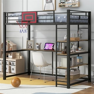 Twin Size Loft Bed with Bulit-in Desk and Basketball Hoop, Metal Loft Bedframe Playhouse Bed with Storage Shelves for Kids