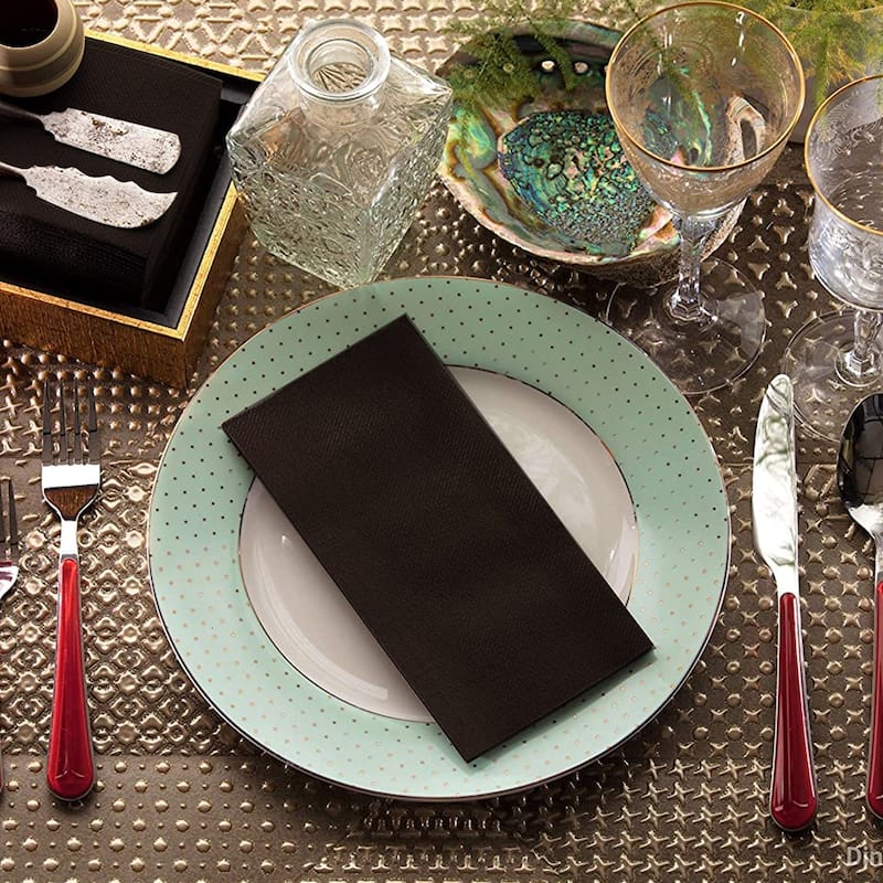 Renova Linen-Feel Black Paper Dinner Napkins Folded 2-Ply 16" x 12"