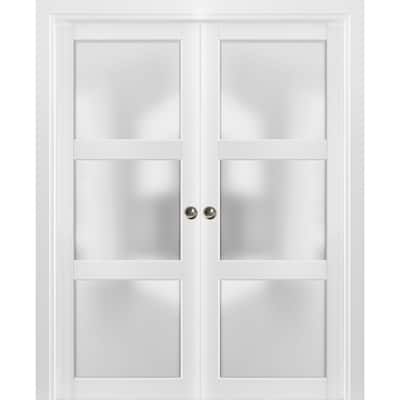 Sliding French Double Pocket Doors Frosted Glass 3 Lites/ Lucia 2552 White