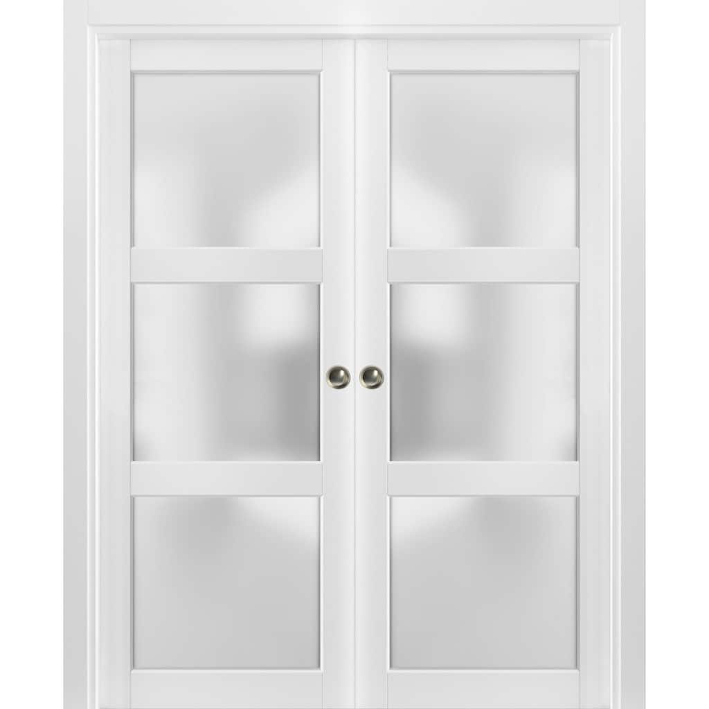Sliding French Double Pocket Doors Frosted Glass 3 Lites/ Lucia 2552 White