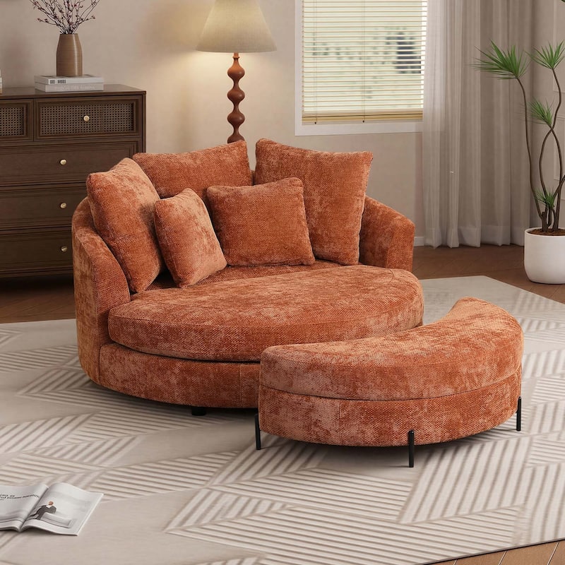 59.8''W Oversized Sofa Chair Set, Round Accent Barrel Chair With 5 Pillows and 1 Storage Ottoman - Set/Orange/Chenille
