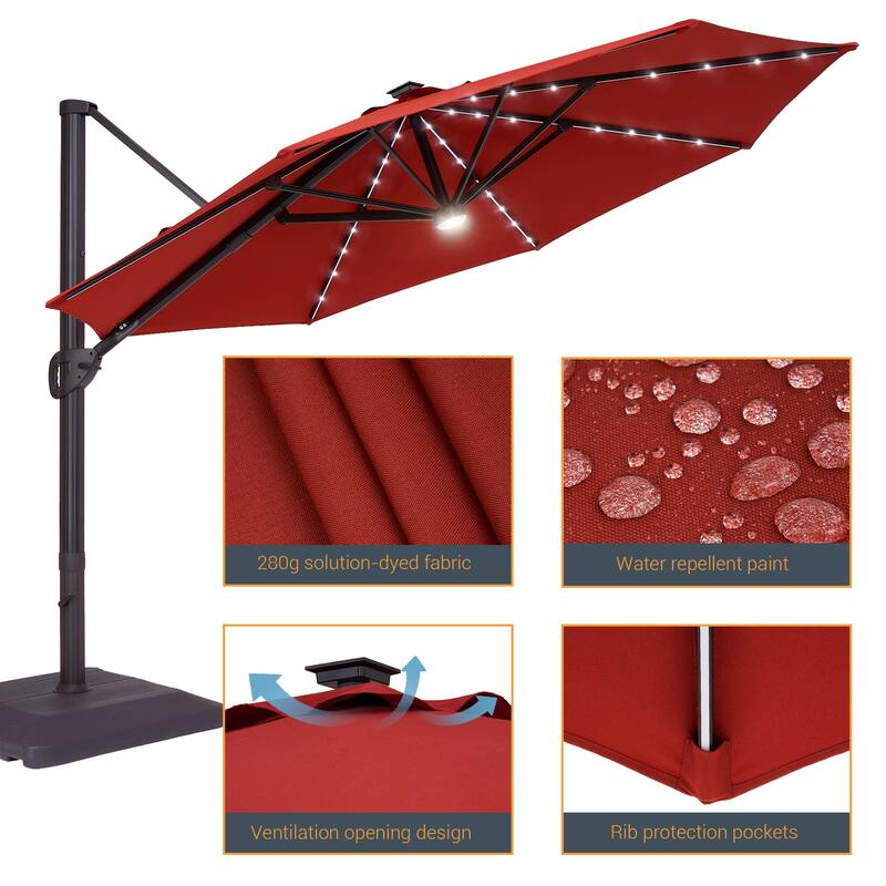 LIVOOSUN 11Ft LED Patio Hanging Octagon Cantilever Umbrella with 360-degree Rotating Canopy