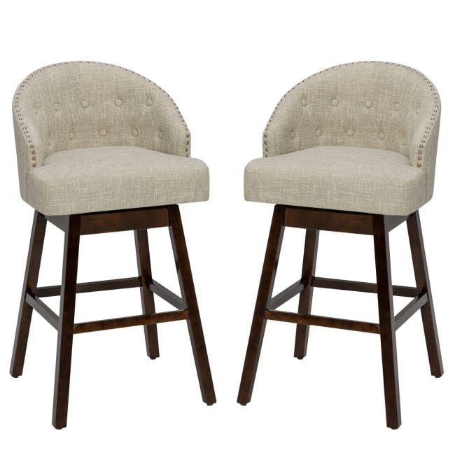 Set of 2 Swivel Bar Stools Tufted Bar Height Pub Chairs with Rubber Wood Legs - 21.5" x 21" x 41.5" (L x W x H)