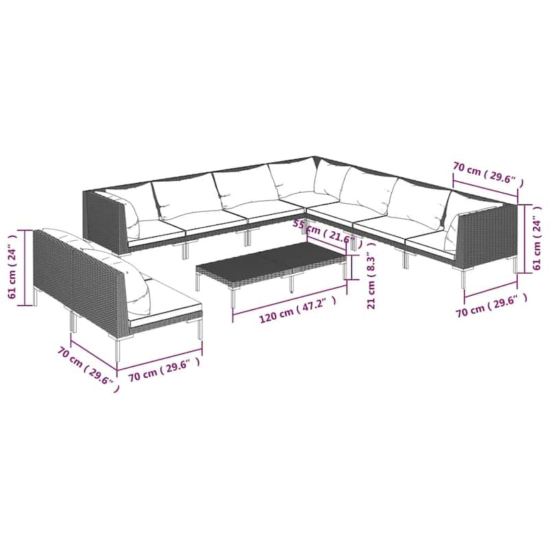 vidaXL Patio Lounge Set Outdoor Sectional Corner Sofa Poly Rattan Dark Grey - 27.6" x 27.6" x 24"
