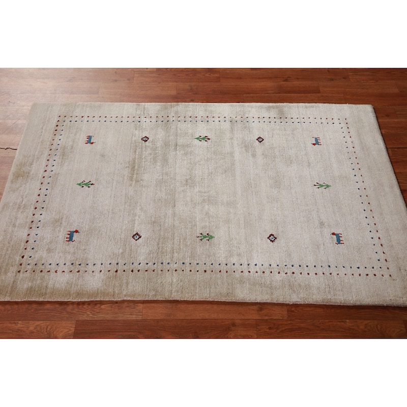 Hand Knotted Oriental 100% Wool Carpet Tribal Animal Pictorial Beige & Ivories Gabbeh Area Rug - 4' 10'' X 3' 0''