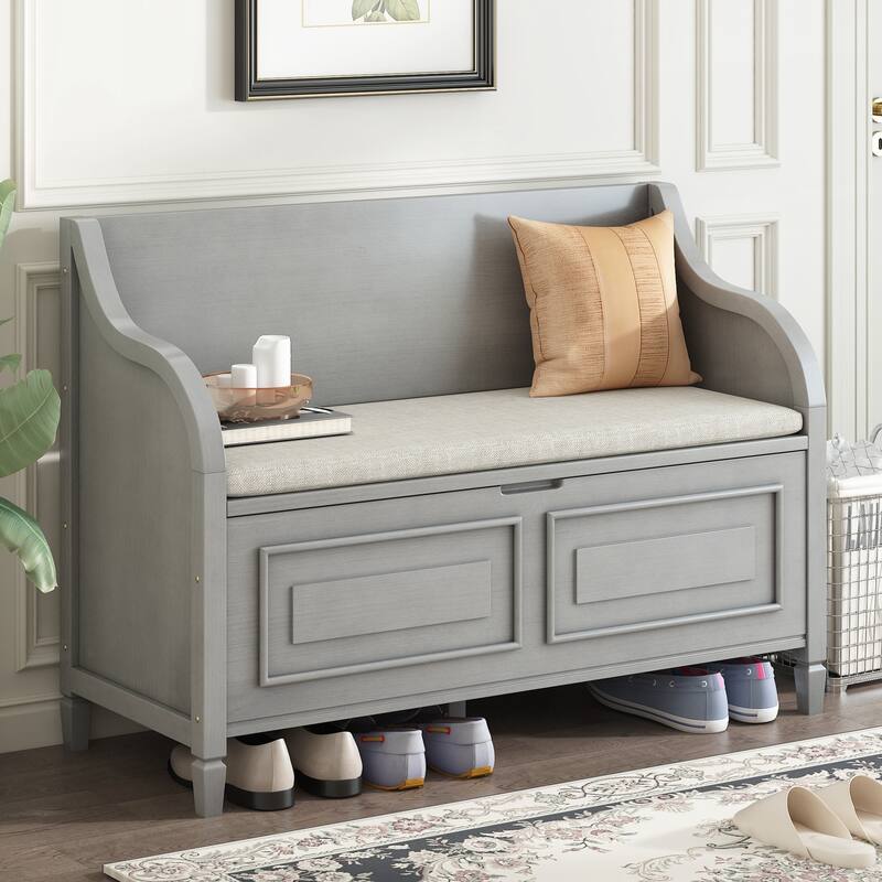 Rustic Style Solid wood Entryway Multifunctional Storage Bench with Safety Hinge