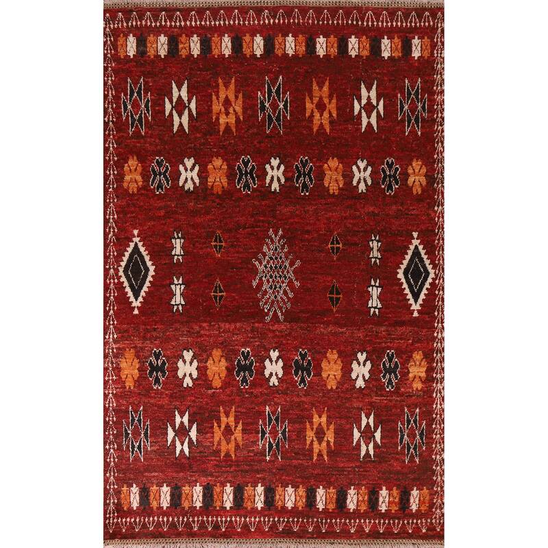 Hand Knotted Oriental 100% Wool Carpet Modern Tribal Red Moroccan Area Rug - 9' 9'' X 6' 9''