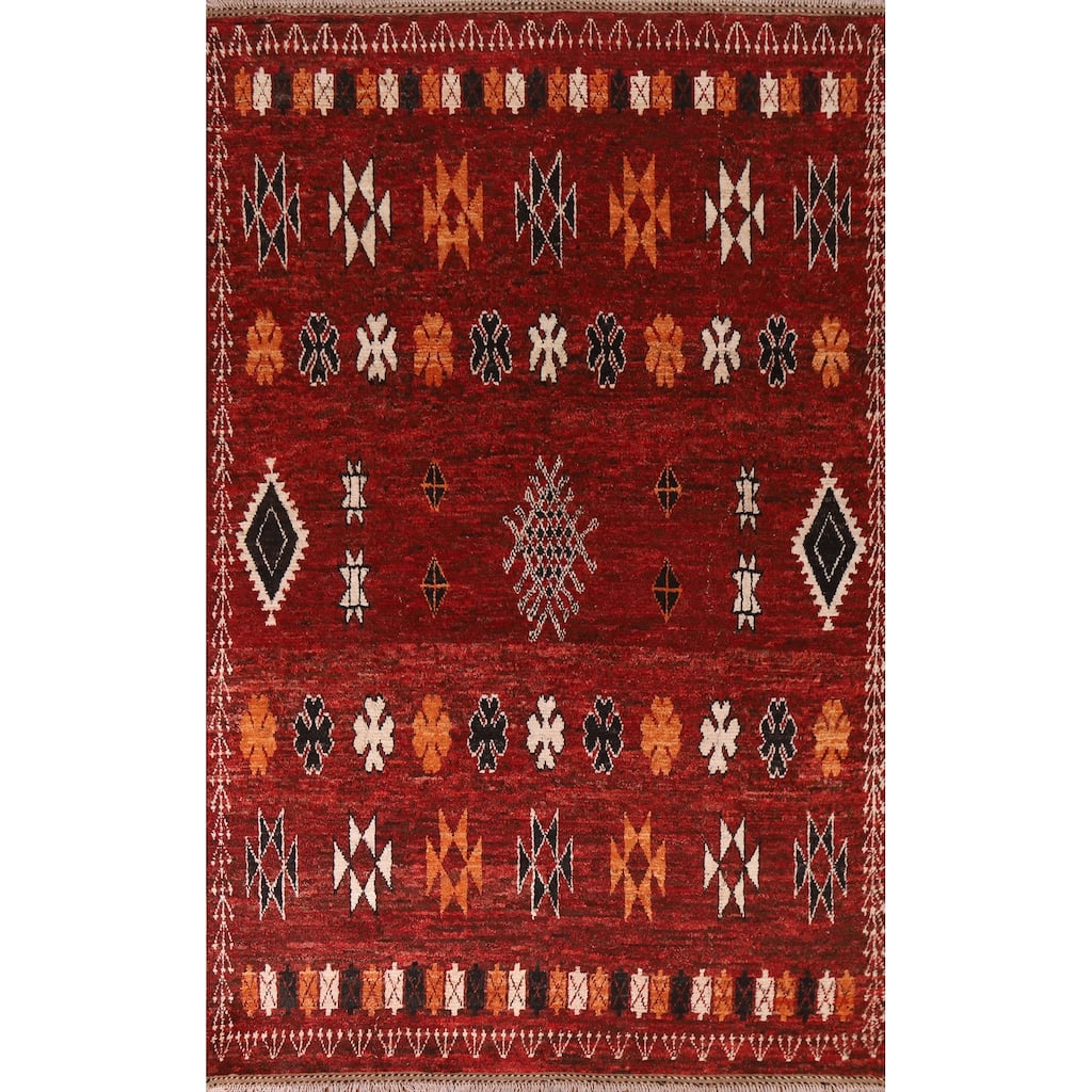 Hand Knotted Oriental 100% Wool Carpet Modern Tribal Red Moroccan Area Rug - 9' 9'' X 6' 9''