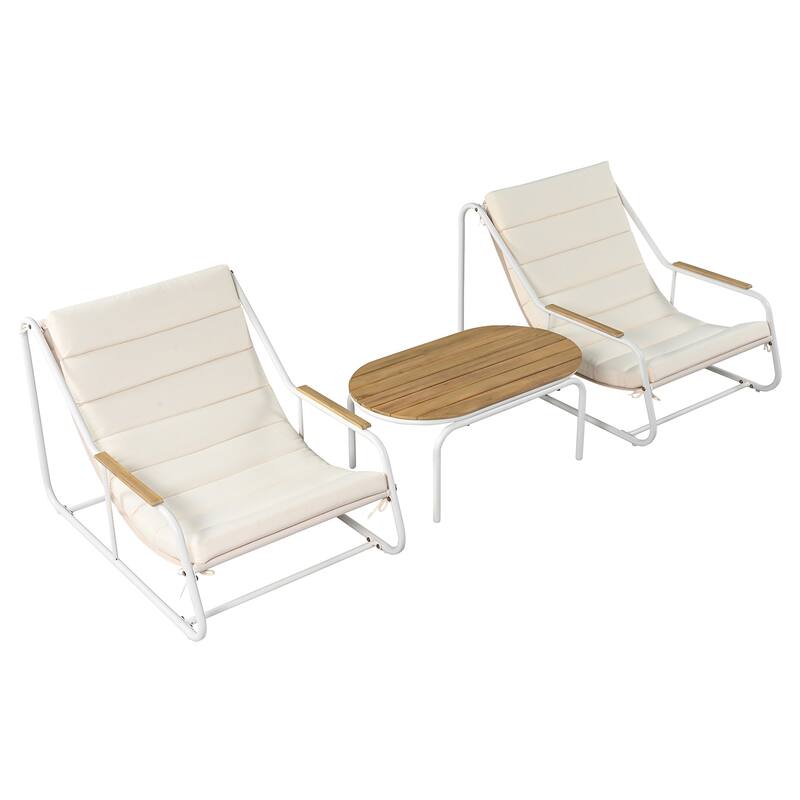 Outdoor Chaise Lounge Set w/ Acacia Side Table, Pool/Lawn/Deck, 3 Pcs