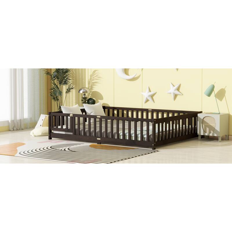 Roomfitters Twin/Full/Queen Rubber Wood Floor Bed with Fence and Swing Door, Safety Guardrails, Low Profile Design