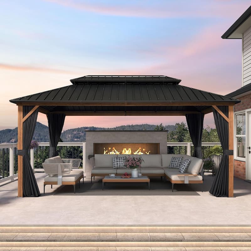 PURPLE LEAF Patio Hardtop Gazebo for Outdoor Wood Grain Aluminum Frame Galvanized Steel Double Roof and Backyard Garden