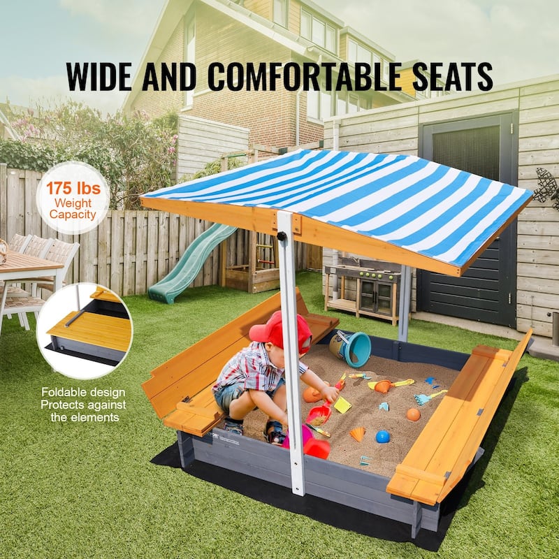 Square Wooden Sandbox with Canopy with Foldable Bench Seats and Bottom Liner - 57.3” x 47.2” x 47.2”