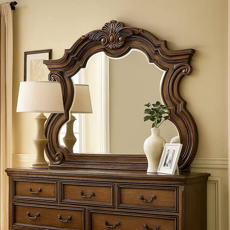 Leova Beveled Dresser Mirror, 50 Inch Brown Wood Ornate Moulding - Dark Brown
