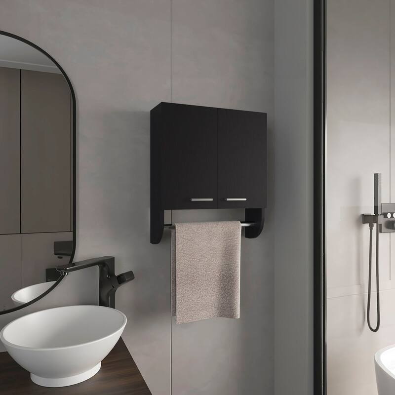 Space-Saving Wall-Mounted Medicine Cabinet with 2 Shelves and 2 Doors, White Finish, Compact Design - 17.4X5.1 in - Black + Engineered Wood